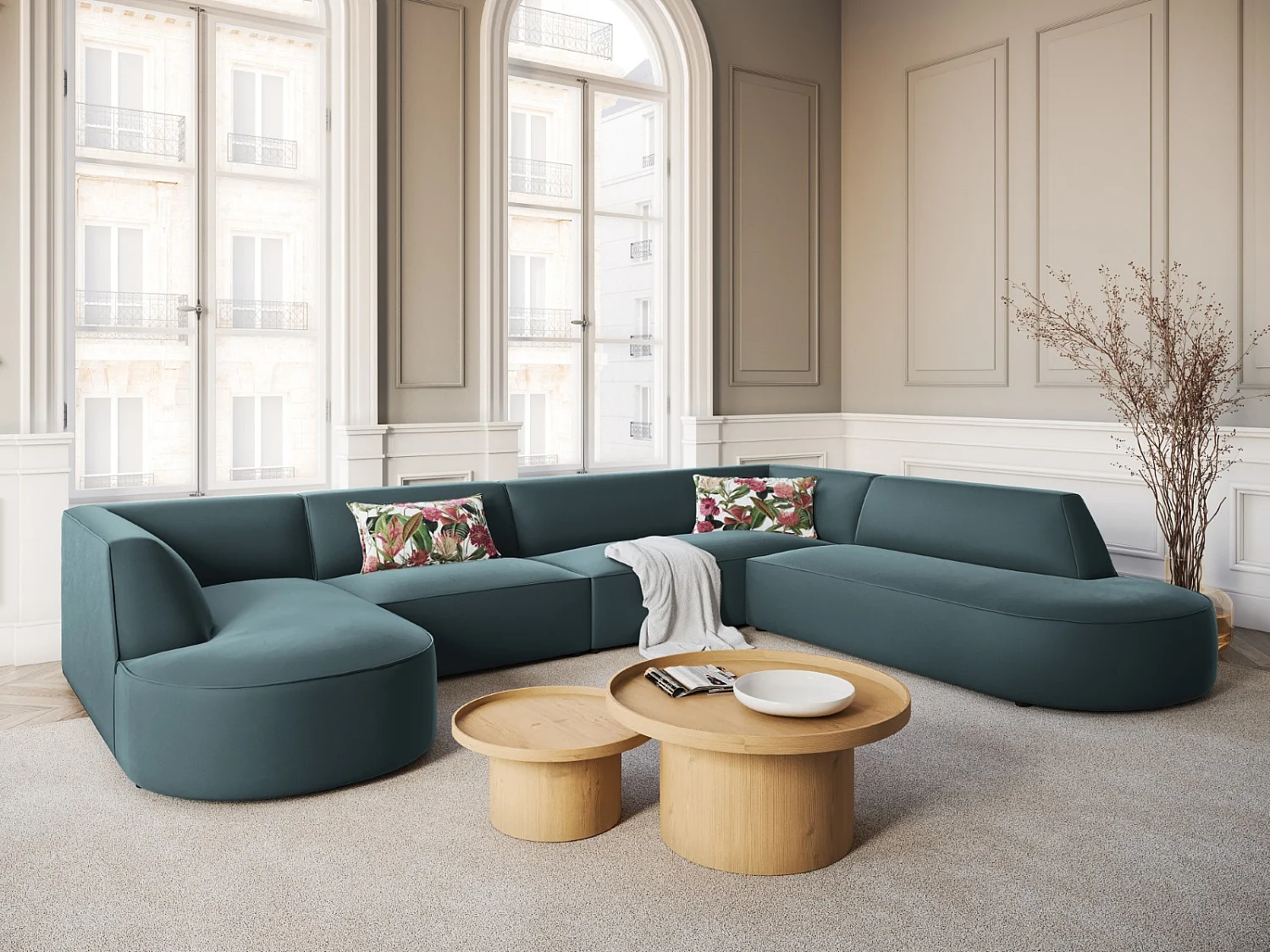 CXL by Christian Lacroix - 7-Sitzer Panoramasofa rechts "Charles" Sitzer aus Samt blau - 366x273x69cm