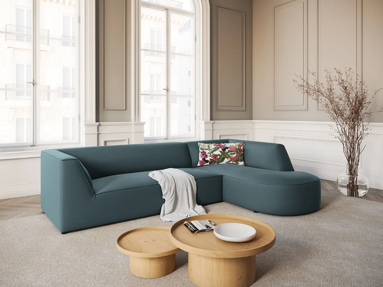 CXL by Christian Lacroix - Canapé d'angle droit "Charles" 4 places en velours bleu - 273x180x69cm