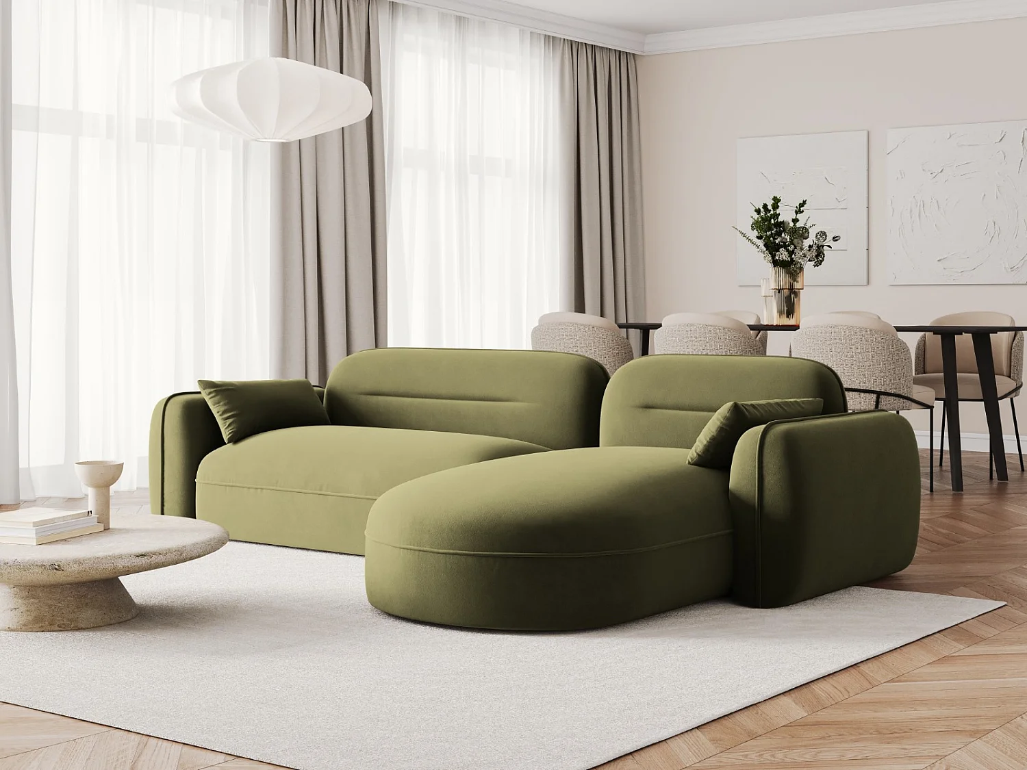 Cosmopolitan Design - Canapé d'angle droit modulable "Sydney" 4 places en velours vert clair - 275x165x70cm