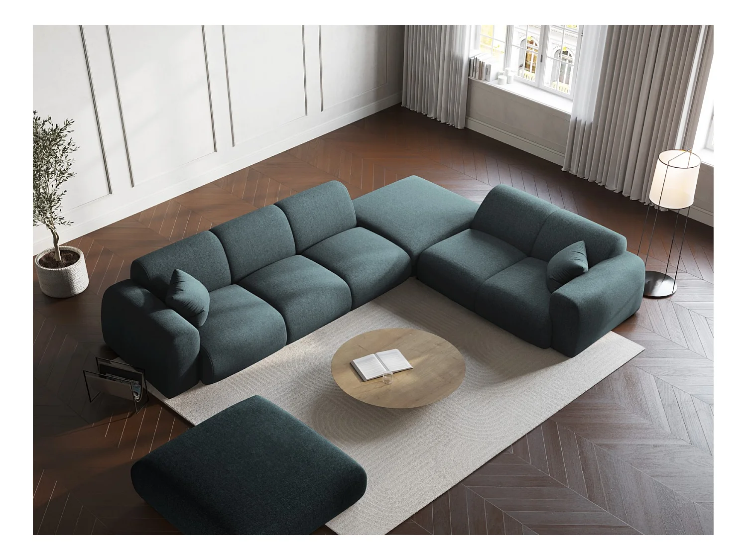 Cosmopolitan Design - Canapé d'angle droit "Nolio" 4 places en chenille pétrole - 315x250x72cm