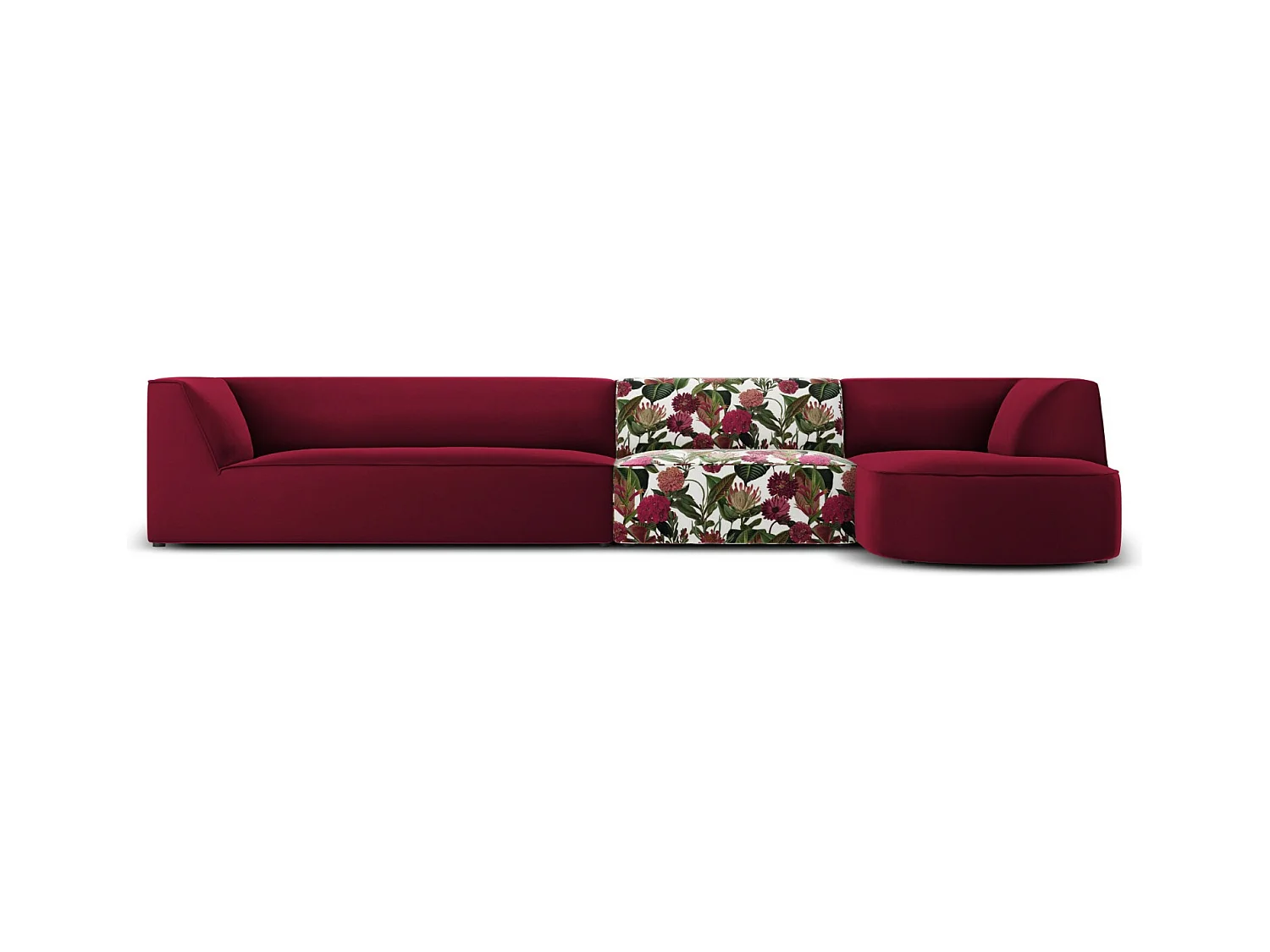 CXL by Christian Lacroix - Canapé d'angle droit "Charles" 5 places en velours motif de rose de jardin,rouge - 366x180x69cm