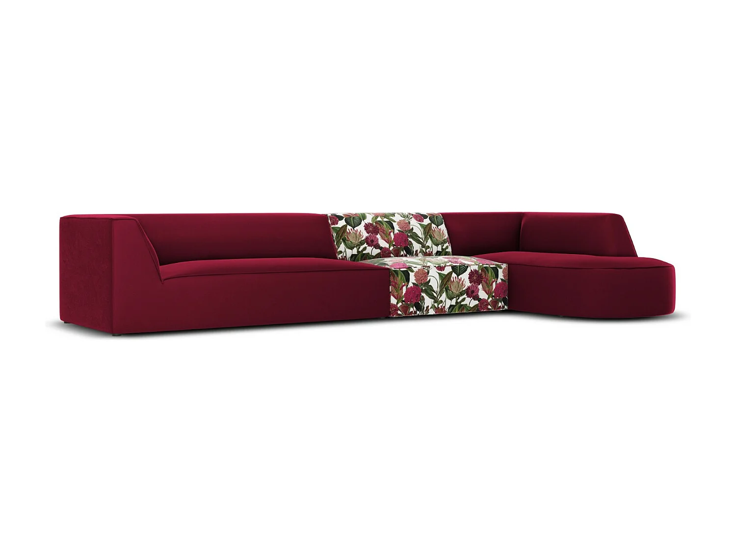 CXL by Christian Lacroix - Canapé d'angle droit "Charles" 5 places en velours motif de rose de jardin,rouge - 366x180x69cm