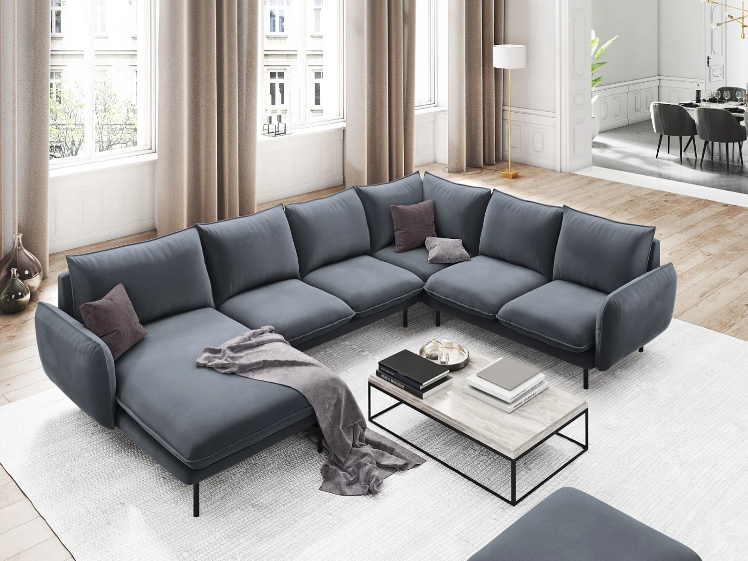 Cosmopolitan Design - Panoramische hoekbank rechts "Vienna" 7 zitplaatsen, Flueel, Blauw Grijs - 330x235x95cm