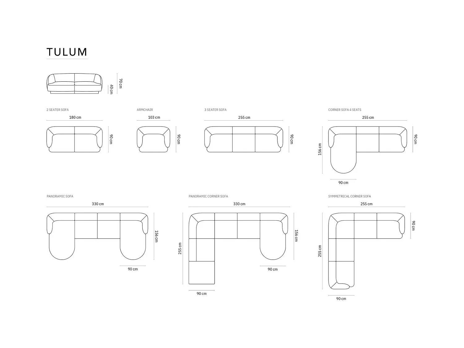 Cosmopolitan Design - Divano panoramico "Tulum" 5 posti in velluto grigio - 330x156x70cm