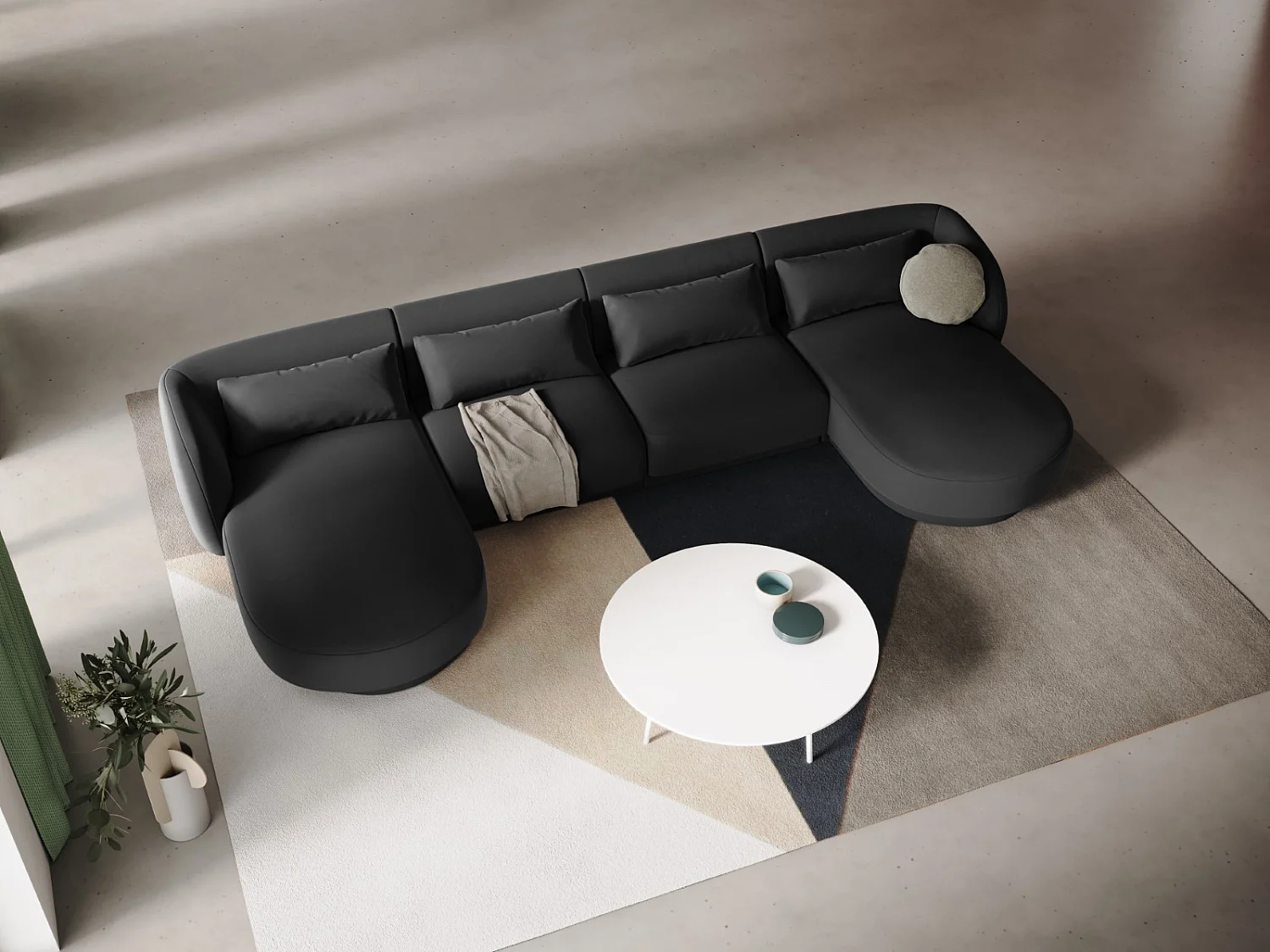 Cosmopolitan Design - Sofá panorâmico "Tulum" 5 lugares em veludo cinza - 330x156x70cm