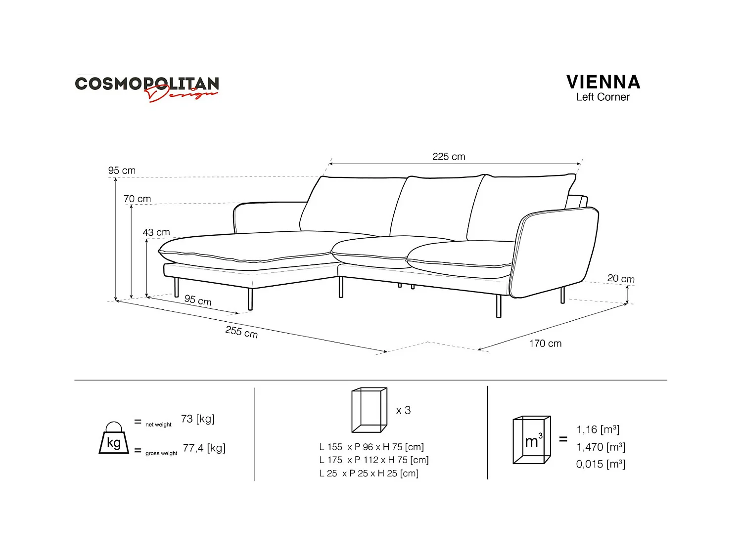 Cosmopolitan Design - Linker hoekbank "Vienna" 5 zitplaatsen, Flueel, Flessengroen - 255x170x95cm