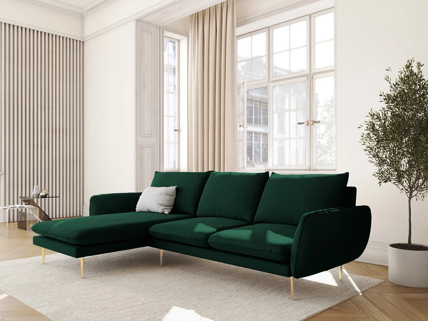 Cosmopolitan Design - Sofá esquinero izquierdo "Vienna" 5 plazas de terciopelo verde botella - 255x170x95cm