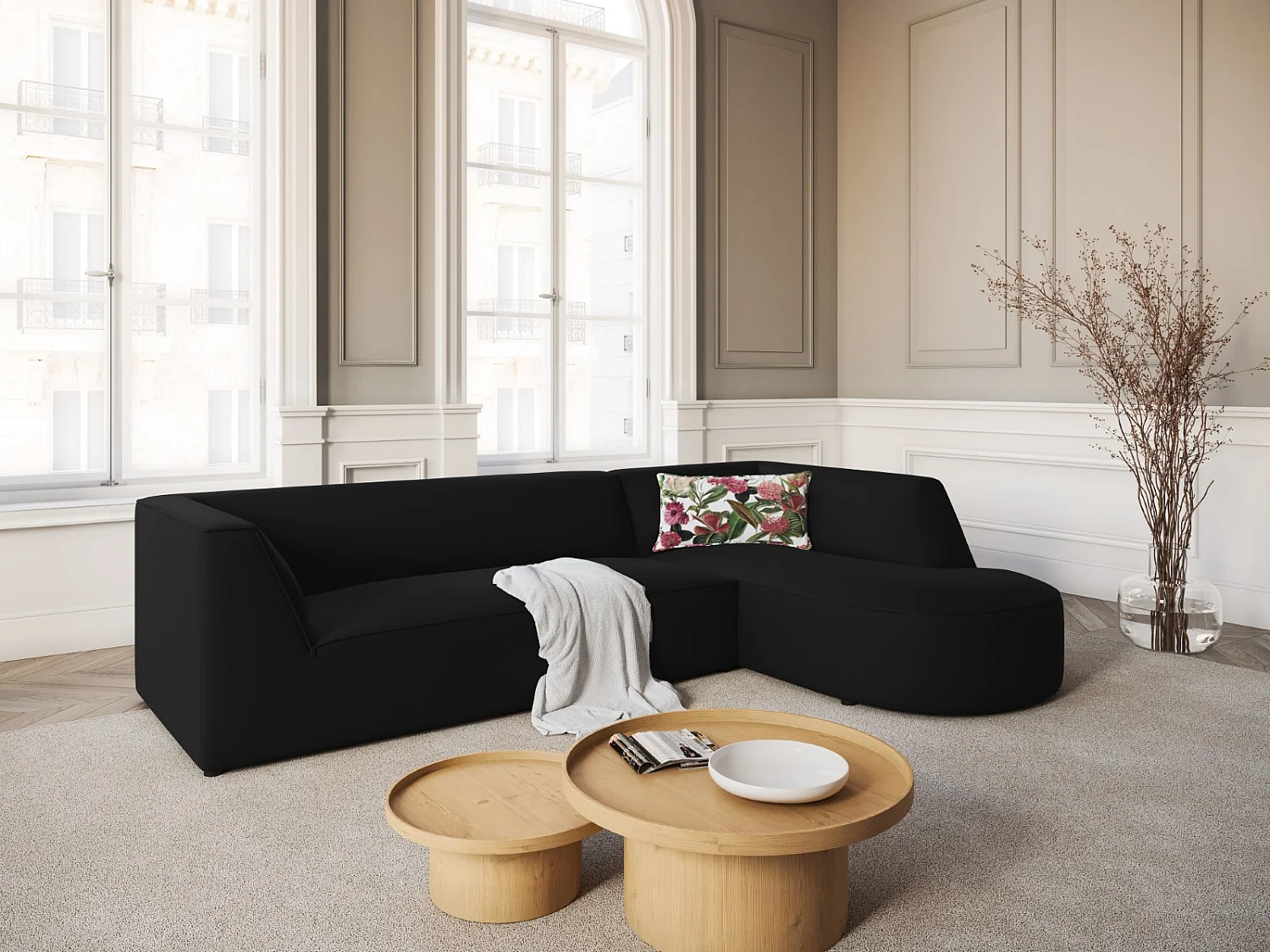 CXL by Christian Lacroix - Canapé d'angle droit "Charles" 4 places en velours noir - 273x180x69cm