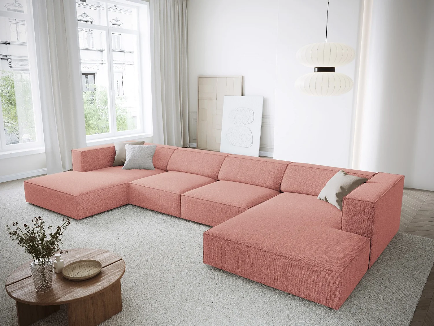 Cosmopolitan Design - Canapé panoramique "Arendal" 6 places en chenille rose - 364x166x70cm