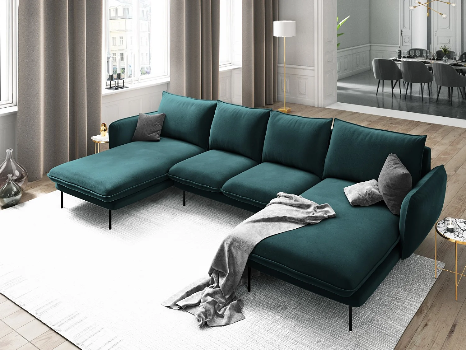 Cosmopolitan Design - Canapé panoramique "Vienna" 6 places en velours pétrole - 350x170x95cm