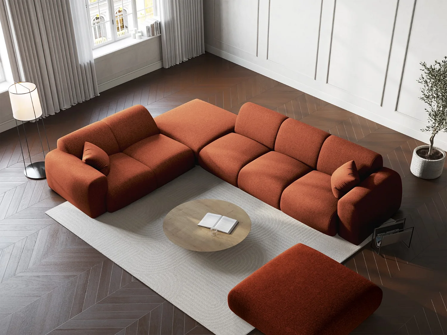 Cosmopolitan Design - 4-Sitzer Ecksofa links "Nolio" aus Chenille-Stoff terrakotta - 315x250x72cm