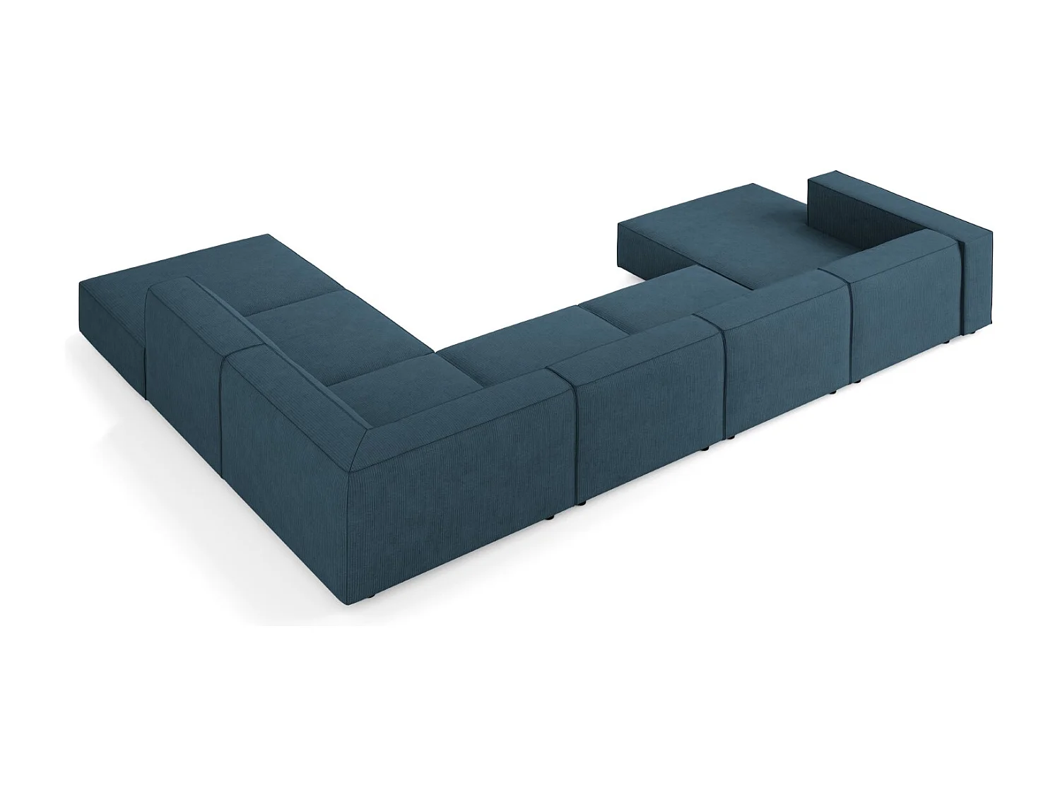 Cosmopolitan Design - Sofá de canto direito panorâmico "Arendal" 7 lugares em tecido chenille com efeito canelado azul marinho - 364x262x70cm