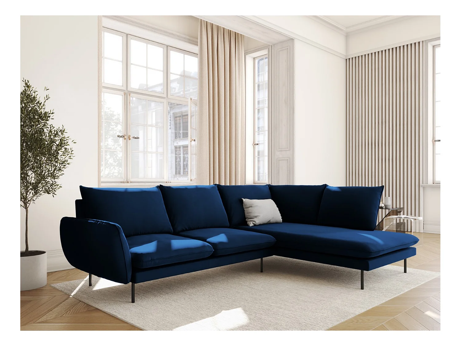 Cosmopolitan Design - Canapé d'angle droit "Vienna" 6 places en velours bleu roi - 275x185x95cm