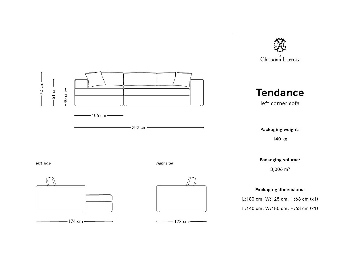 CXL by Christian Lacroix - Linker hoekbank "Tendance" 5 zitplaatsen, Structurele stof, Munt - 282x174x72cm
