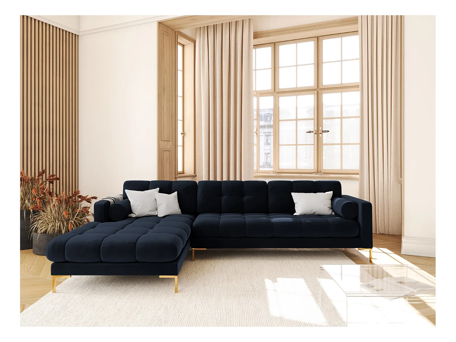 Cosmopolitan Design - 5-Sitzer Ecksofa links "Bali" aus Samt dunkelblau - 293x185x75cm