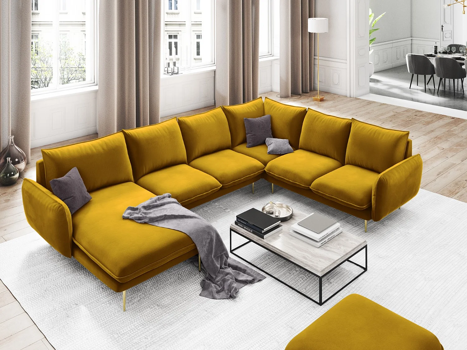 Cosmopolitan Design - Panoramische hoekbank rechts "Vienna" 7 zitplaatsen, Flueel, GEEL - 330x235x95cm