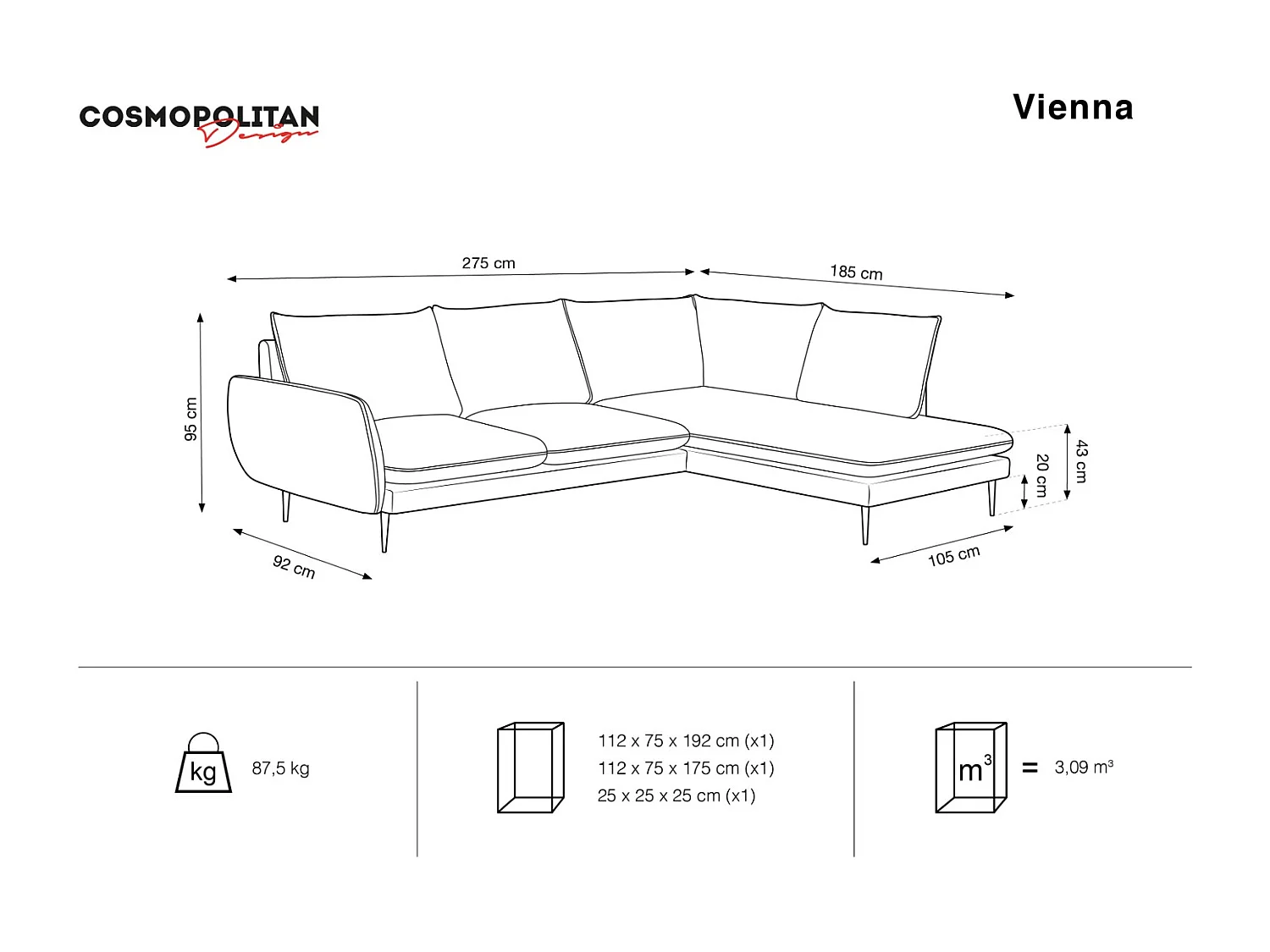 Cosmopolitan Design - Canapé d'angle droit "Vienna" 6 places en bouclé noir - 275x185x95cm