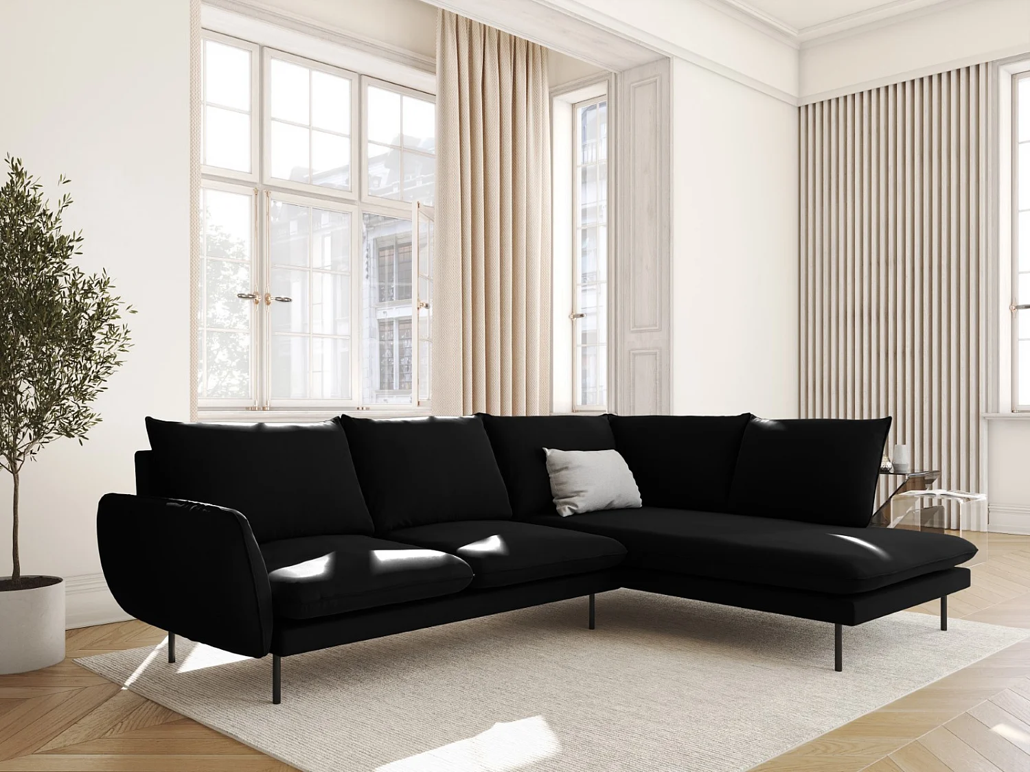 Cosmopolitan Design - 6-Sitzer Ecksofa rechts "Vienna" aus Samt schwarz - 275x185x95cm