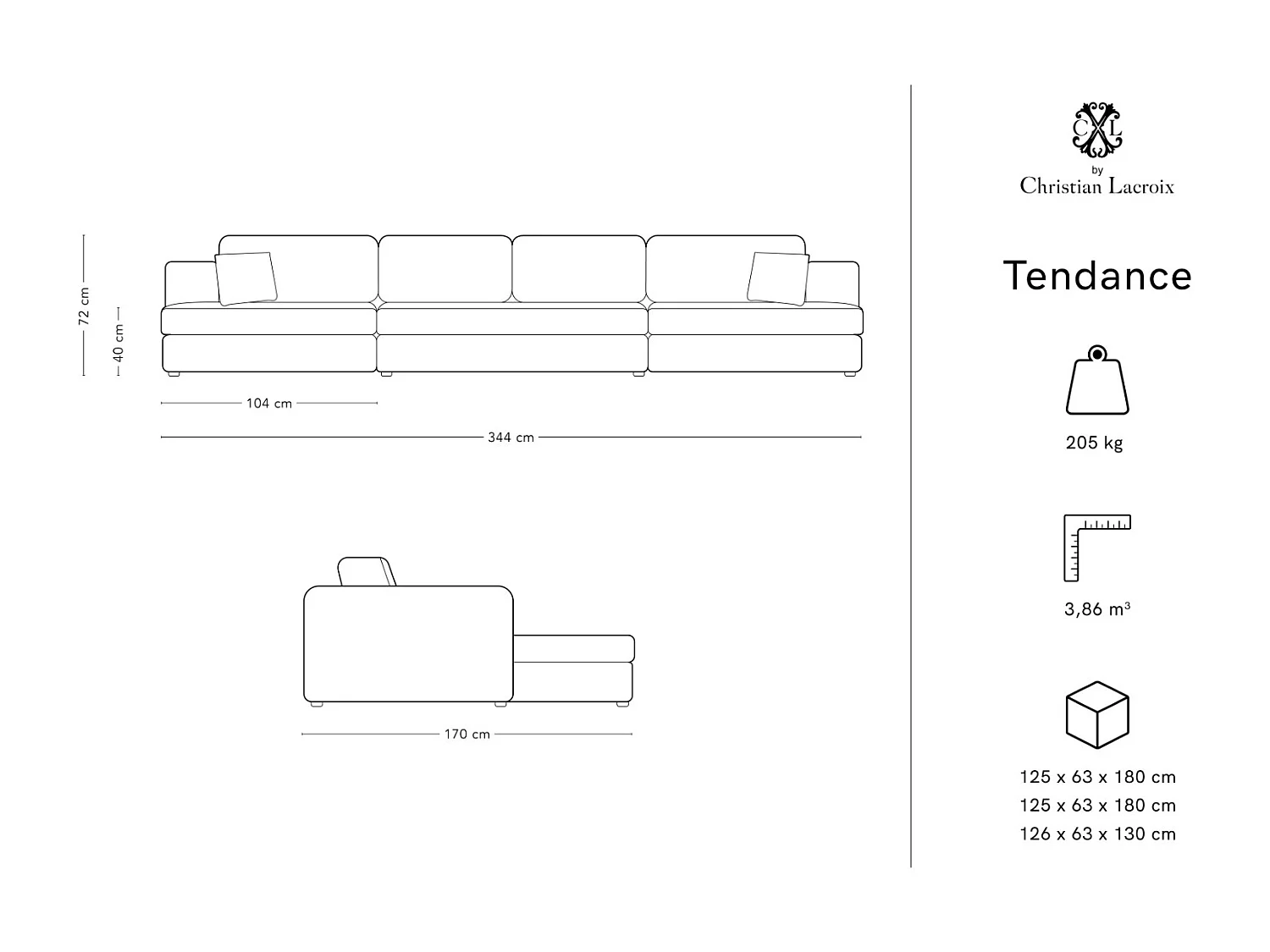 CXL by Christian Lacroix - Panoramische bank "Tendance" 5 zitplaatsen, Structurele stof, GEEL - 344x170x72cm