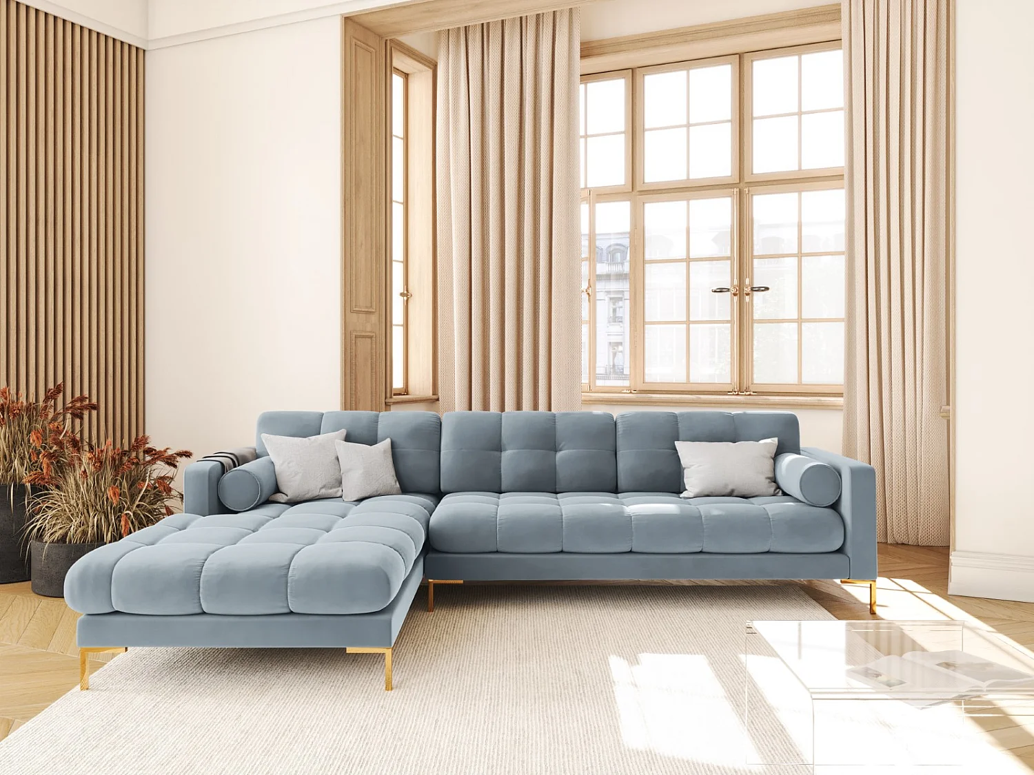 Cosmopolitan Design - Sofá de canto esquerdo "Bali" 5 lugares em veludo azul claro - 293x185x75cm