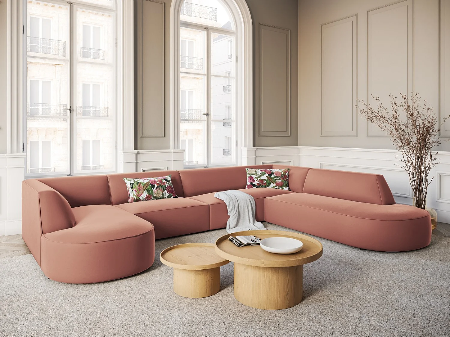 CXL by Christian Lacroix - Canapé d'angle droit panoramique "Charles" 7 places en velours rose - 366x273x69cm