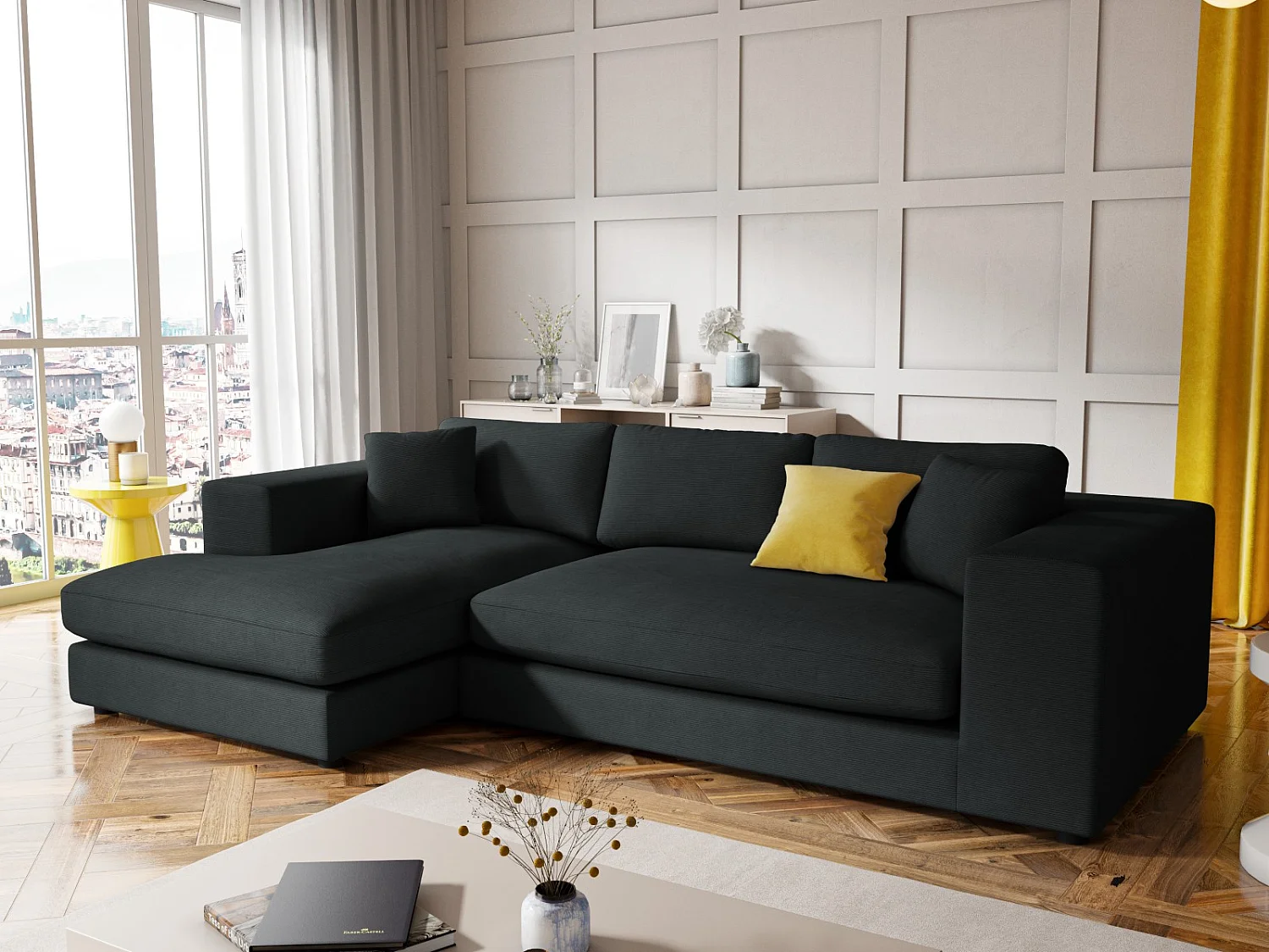 CXL by Christian Lacroix - Sofá de canto esquerdo "Tendance" 5 lugares em veludo cotelê preto - 282x174x72cm