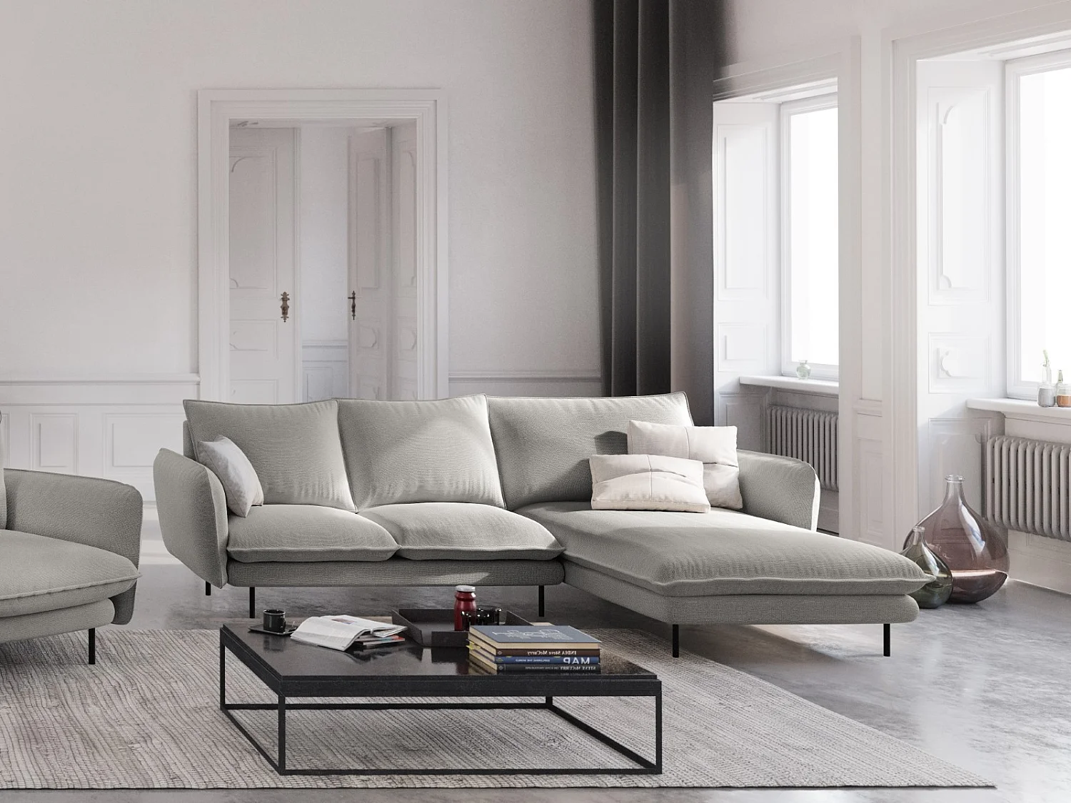 Cosmopolitan Design - 5-Sitzer Ecksofa rechts "Vienna" aus strukturiertem Stoff hellgrau - 255x170x95cm