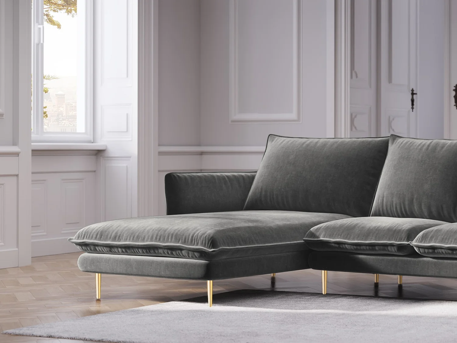 Cosmopolitan Design - Canapé d'angle gauche "Vienna" 5 places en velours gris - 255x170x95cm