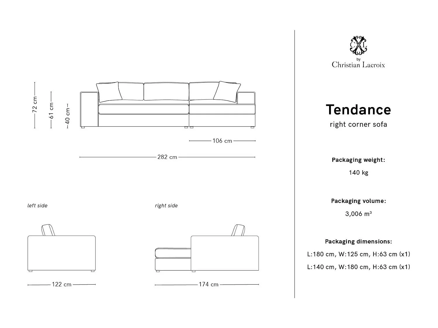 CXL by Christian Lacroix - Rechter hoekbank "Tendance" 5 zitplaatsen, Structurele stof, Rood - 282x174x72cm
