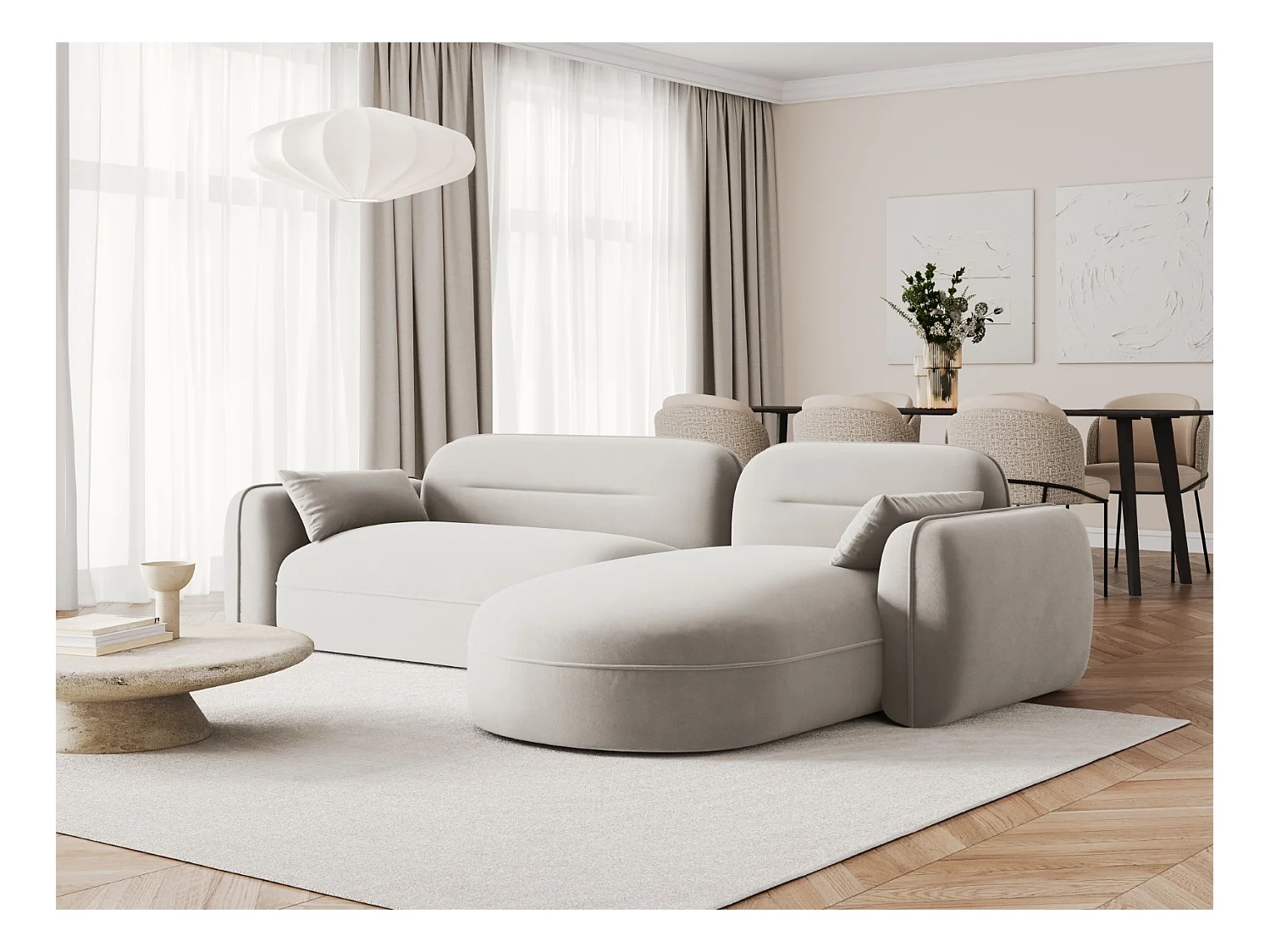 Cosmopolitan Design - Canapé d'angle droit modulable "Sydney" 4 places en velours beige clair - 275x165x70cm