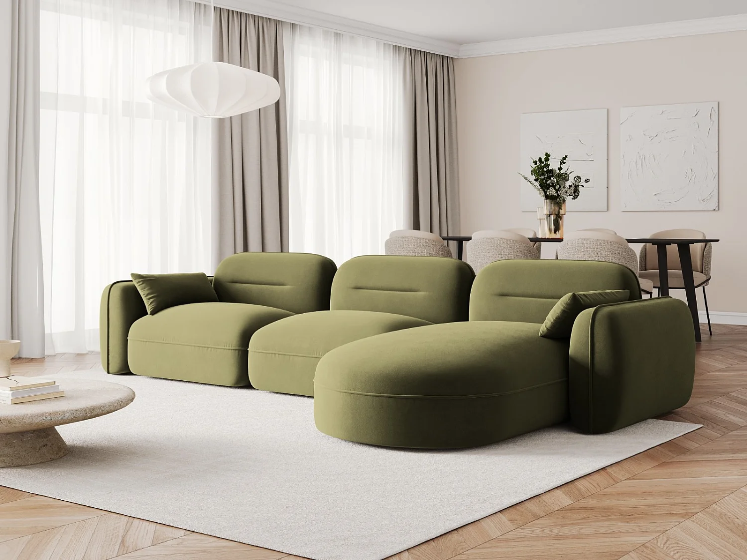 Cosmopolitan Design - Canapé d'angle droit modulable "Sydney" 4 places en velours vert clair - 320x165x70cm