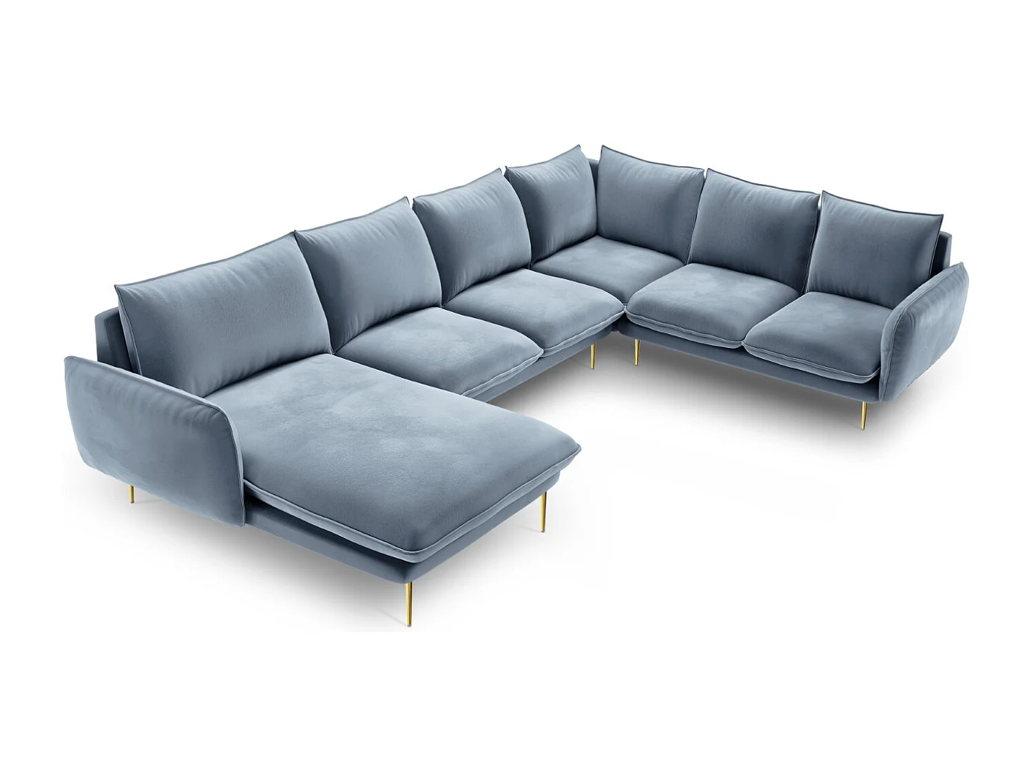 Cosmopolitan Design - Canapé d'angle droit panoramique "Vienna" 7 places en velours bleu - 330x235x95cm