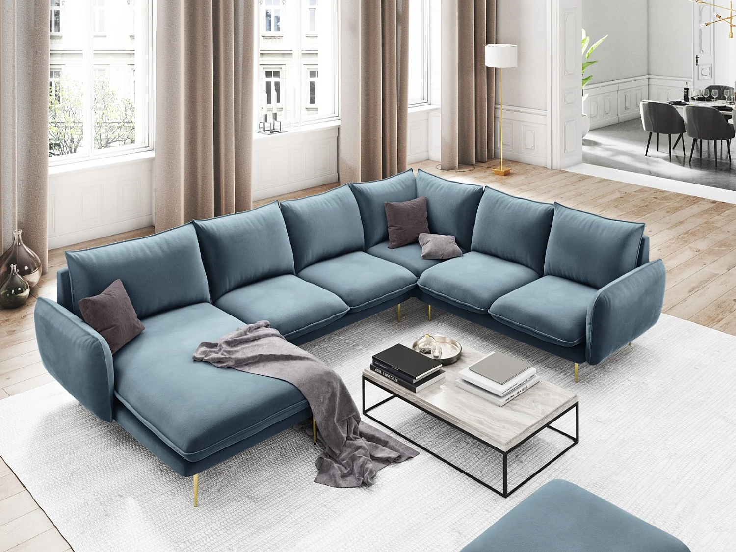 Cosmopolitan Design - Canapé d'angle droit panoramique "Vienna" 7 places en velours bleu - 330x235x95cm