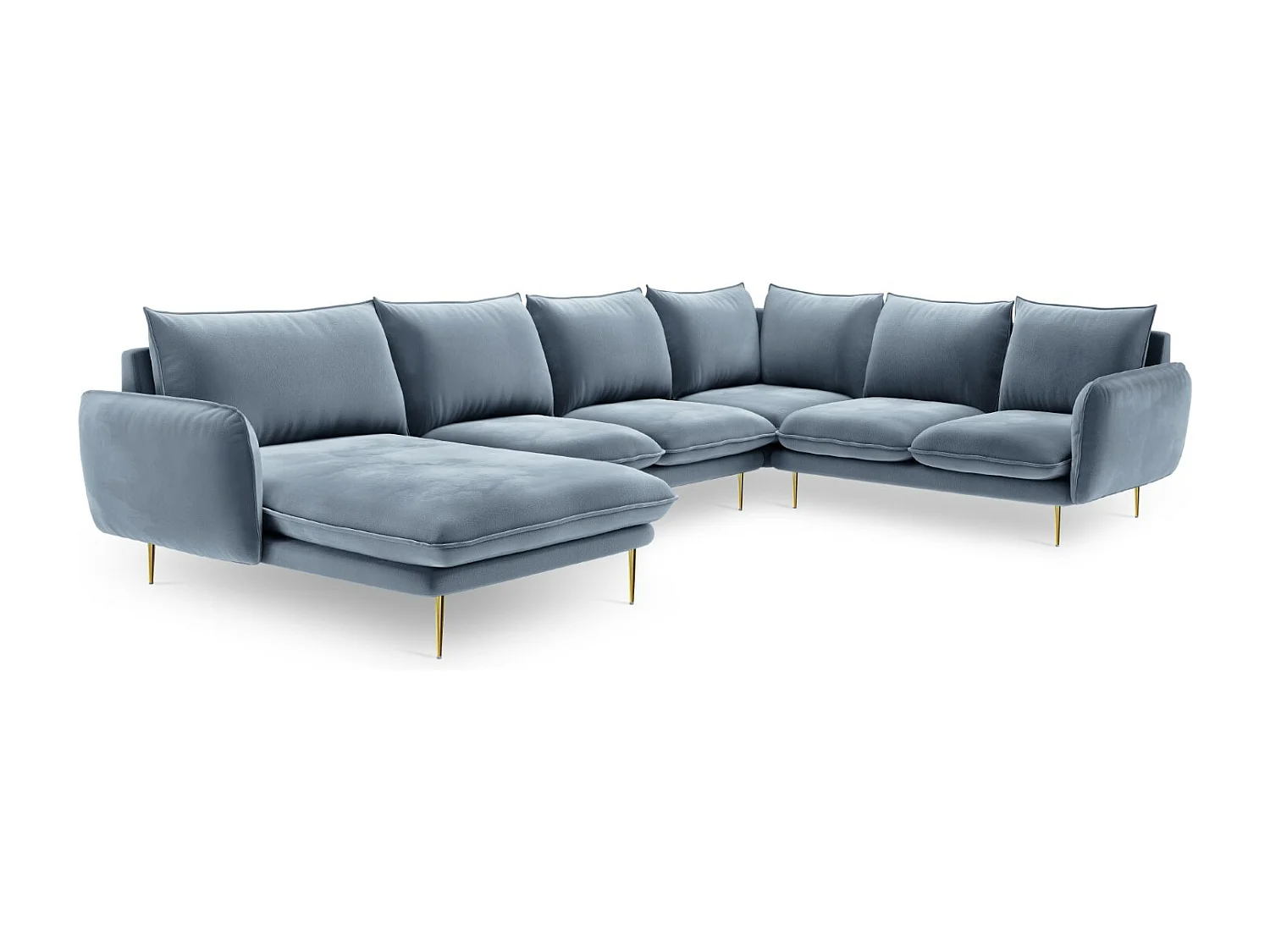 Cosmopolitan Design - Canapé d'angle droit panoramique "Vienna" 7 places en velours bleu - 330x235x95cm