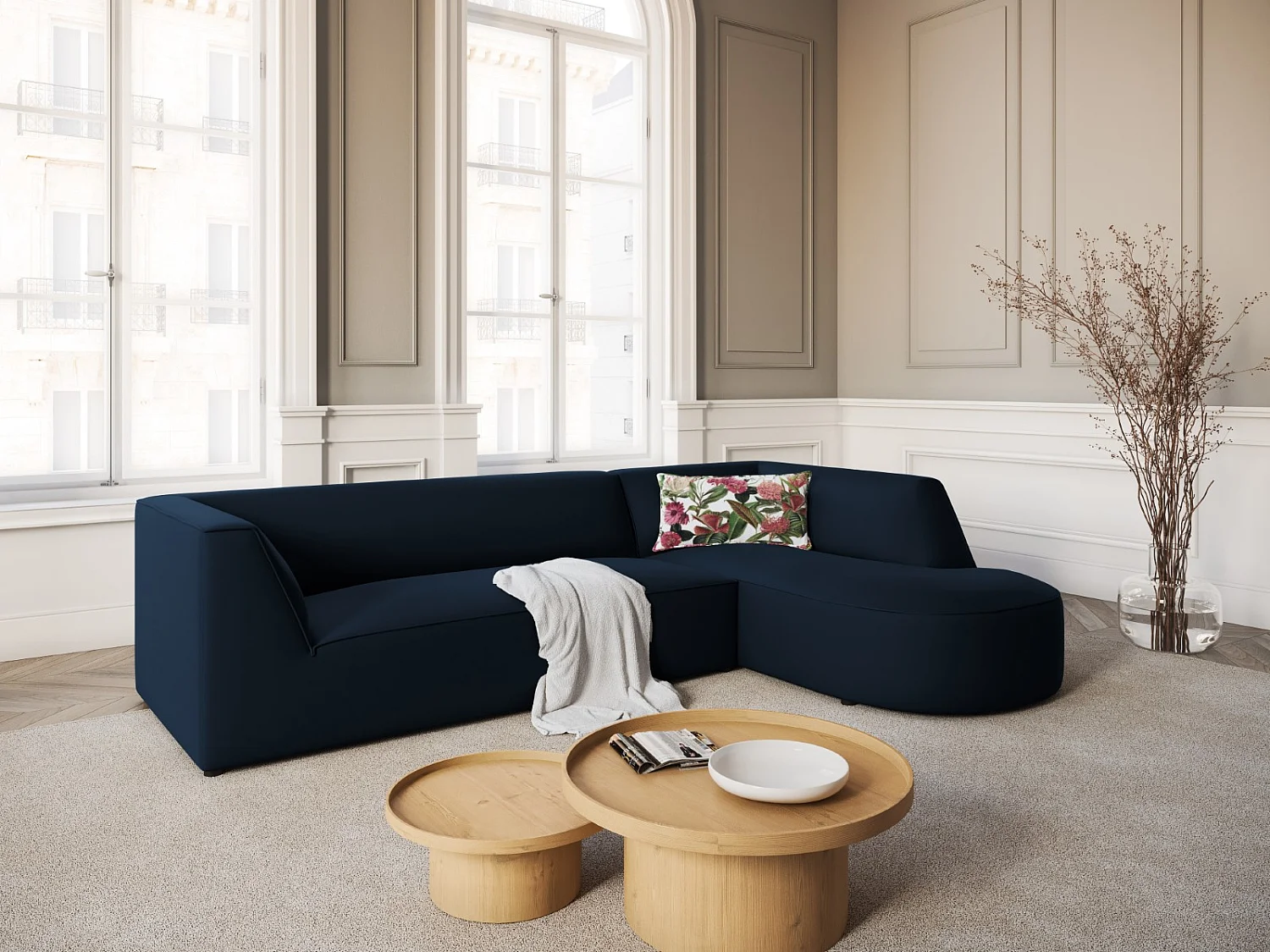 CXL by Christian Lacroix - Canapé d'angle droit "Charles" 4 places en velours bleu foncé - 273x180x69cm