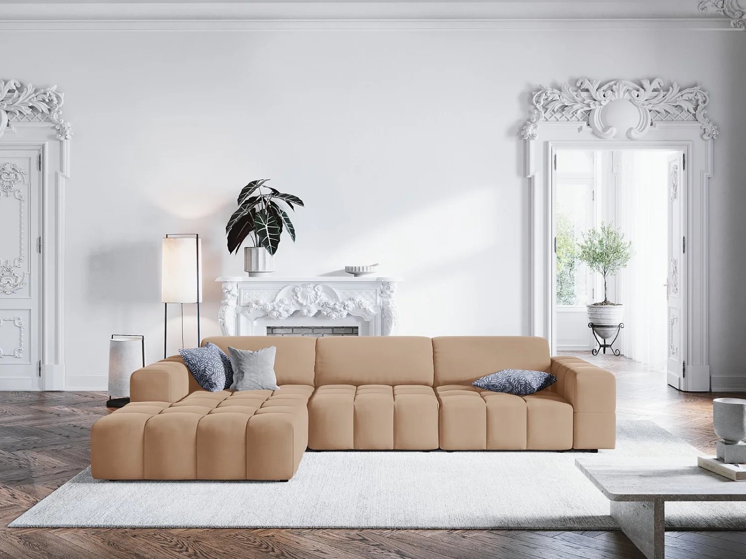 CXL by Christian Lacroix - Linker hoekbank "Luc" 4 zitplaatsen, Flueel, Donkerbeige - 284x166x70cm