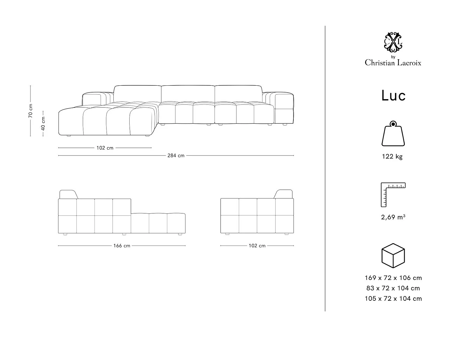CXL by Christian Lacroix - Linker hoekbank "Luc" 4 zitplaatsen, Flueel, Donkerbeige - 284x166x70cm