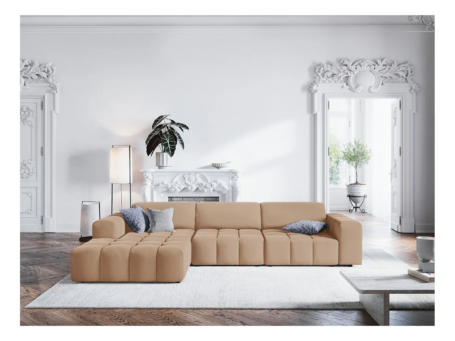 CXL by Christian Lacroix - Canapé d'angle gauche "Luc" 4 places en velours beige foncé - 284x166x70cm