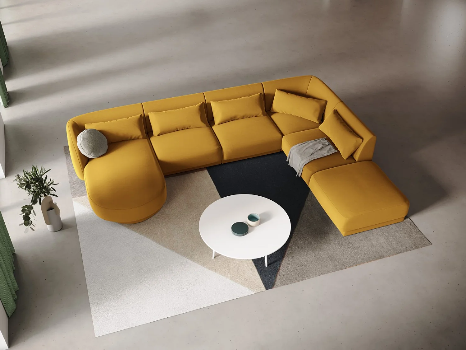 Cosmopolitan Design - Canapé d'angle droit panoramique "Tulum" 6 places en velours jaune - 330x255x70cm