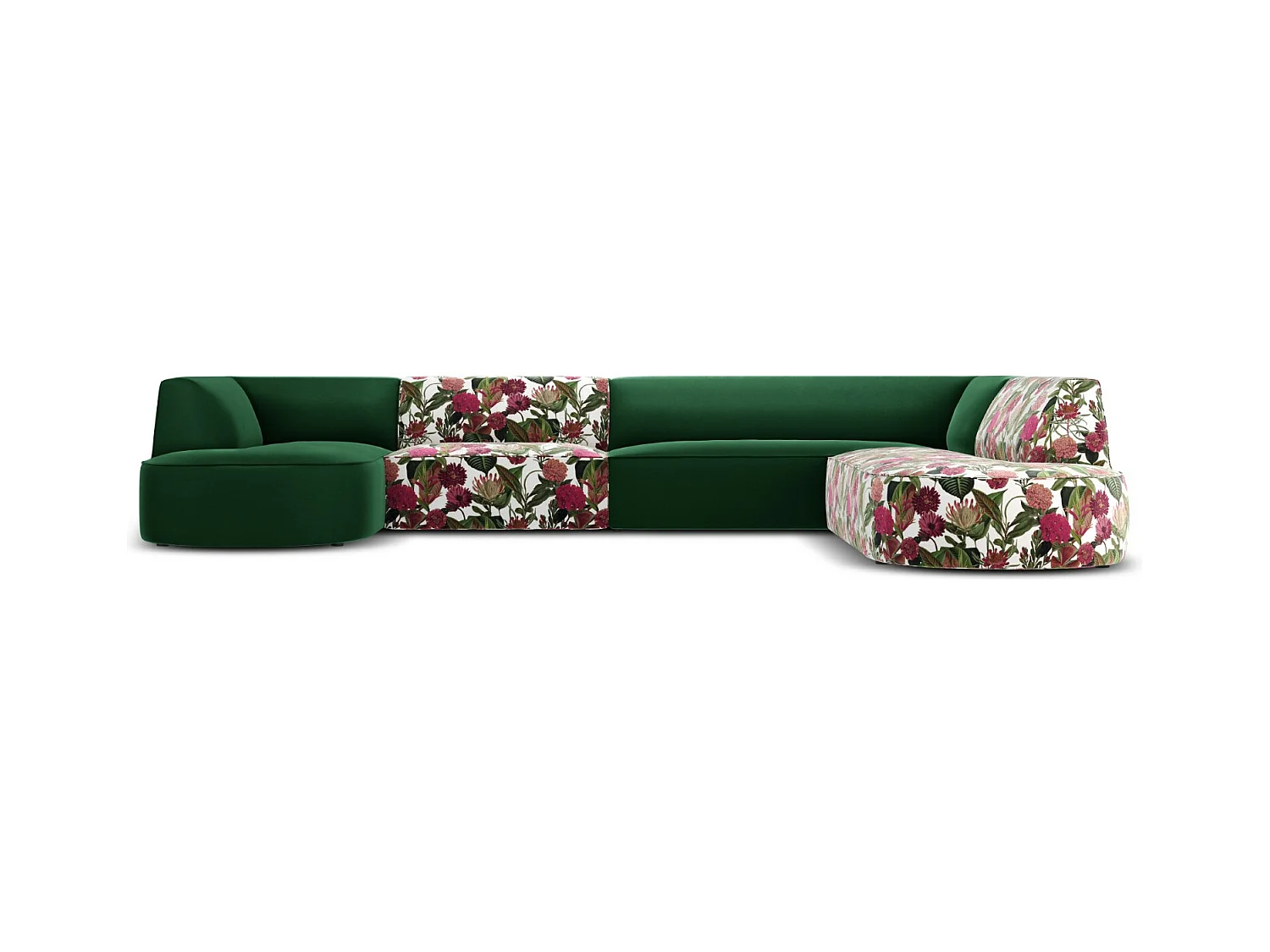 CXL by Christian Lacroix - Panoramische hoekbank rechts "Charles" 7 zitplaatsen, Flueel, tuinroospatroon, groen - 366x273x69cm