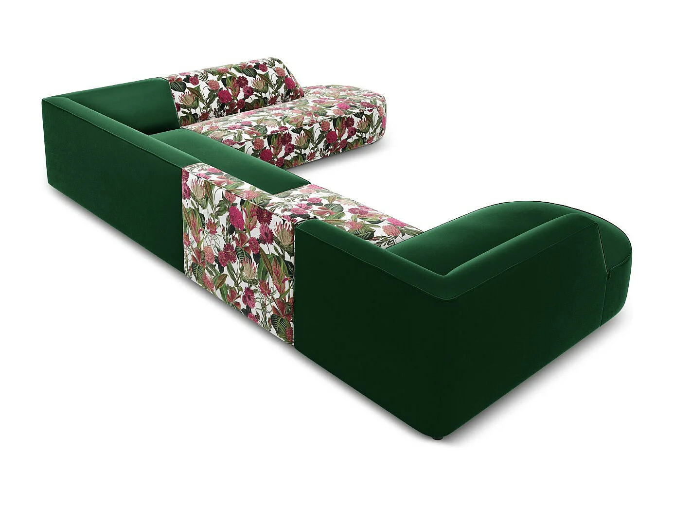 CXL by Christian Lacroix - Sofá esquinero panorámico derecho "Charles" 7 plazas de terciopelo estampado rosas de jardín - 366x273x69cm