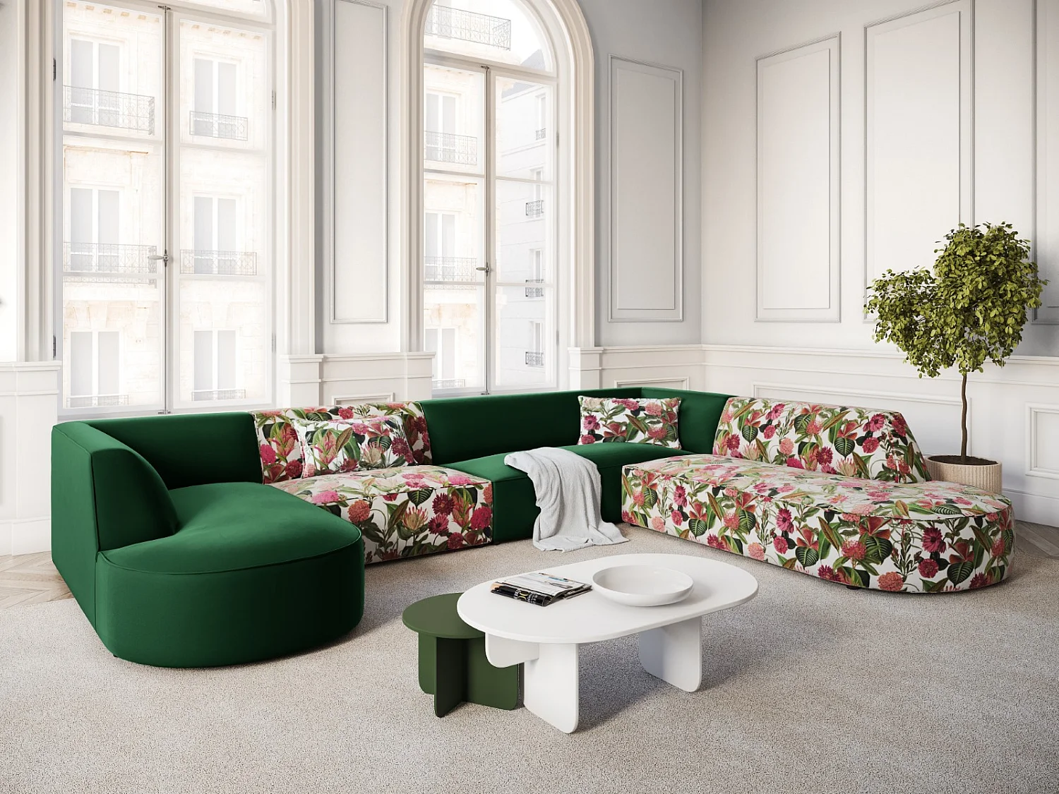 CXL by Christian Lacroix - Sofá de canto direito panorâmico "Charles" 7 lugares em veludo padrão de rosas de jardim, verde - 366x273x69cm