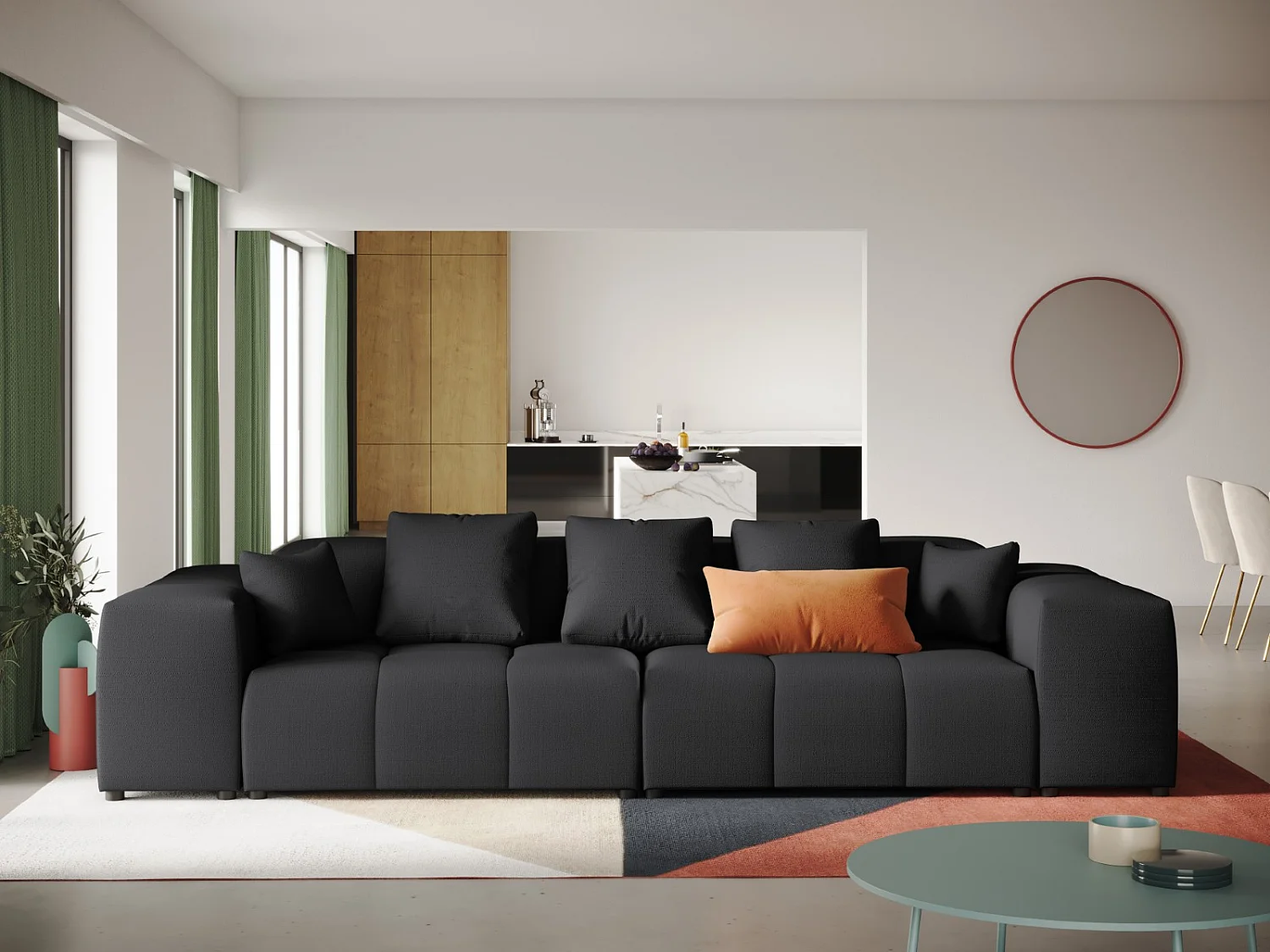 Cosmopolitan Design - Sofá modular "Rome" 3 lugares em tecido estrutural preto - 320x120x75cm