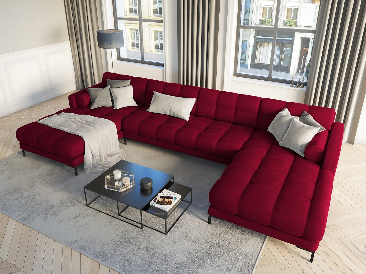 Cosmopolitan Design - 7-Sitzer Panoramasofa "Bali" aus Samt rot - 383x185x75cm