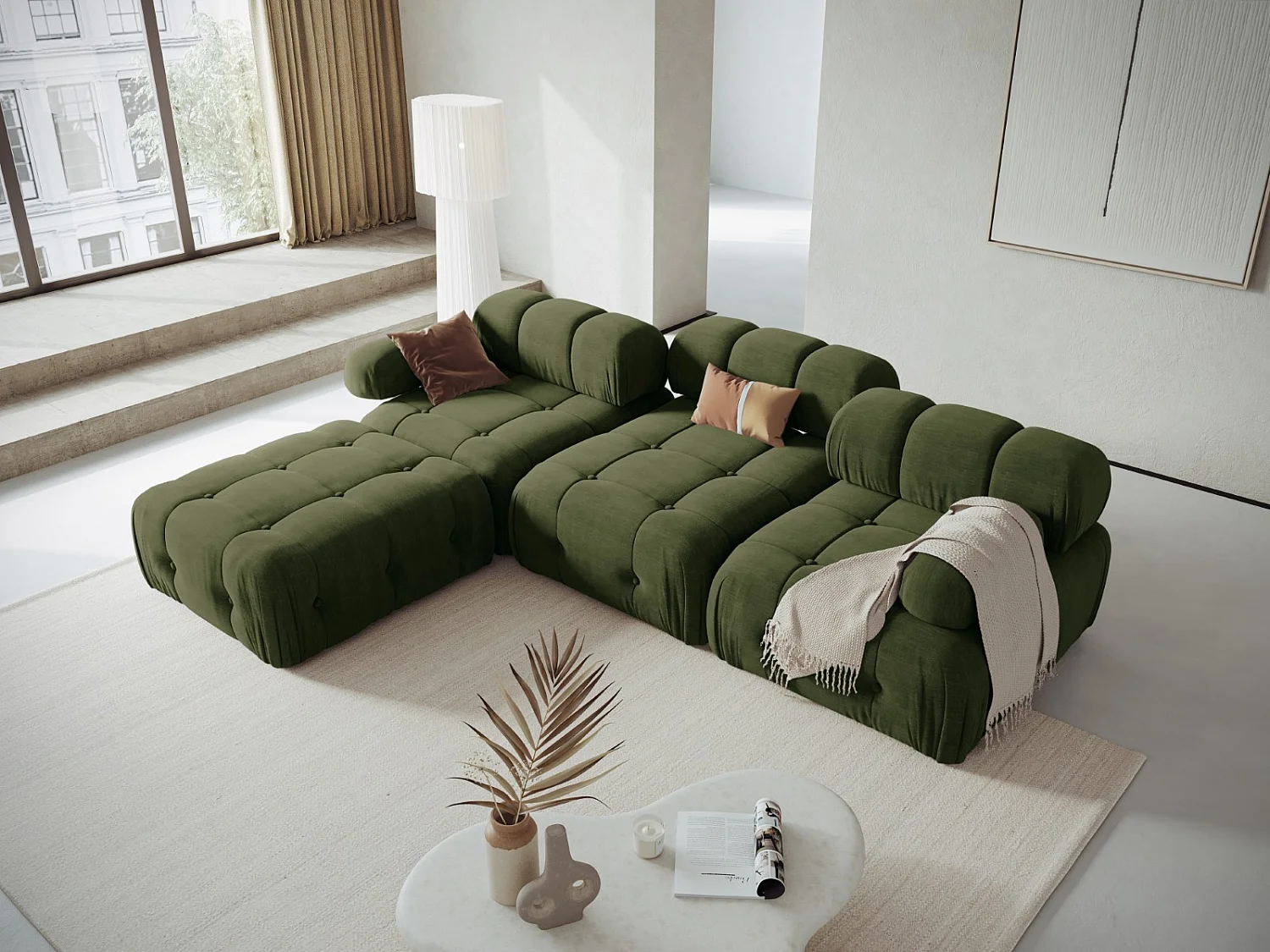 Cosmopolitan Design - Canapé modulable "Ferento" 4 places en tissu structurel vert - 288x192x71cm