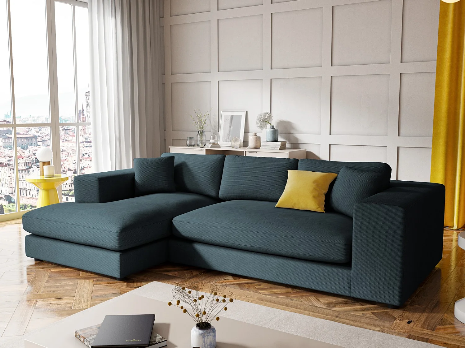 CXL by Christian Lacroix - 5-Sitzer Ecksofa links "Tendance" Sitzer aus Cord blau - 282x174x72cm