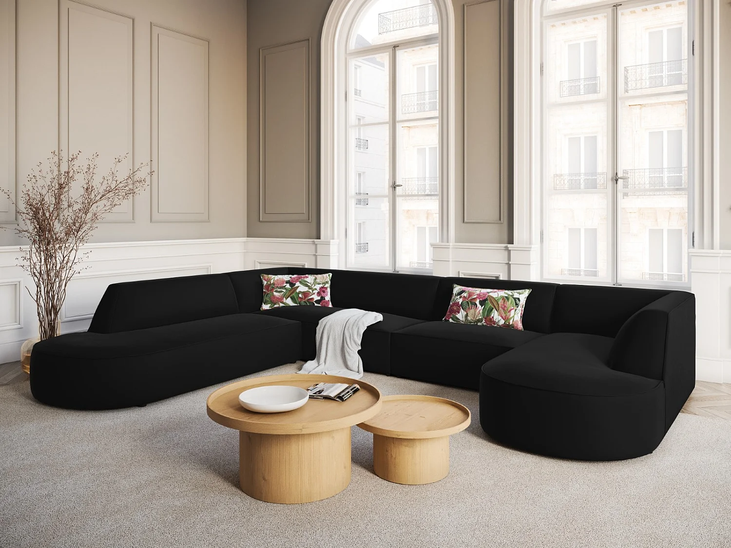 CXL by Christian Lacroix - Canapé d'angle gauche panoramique "Charles" 7 places en velours noir - 366x273x69cm