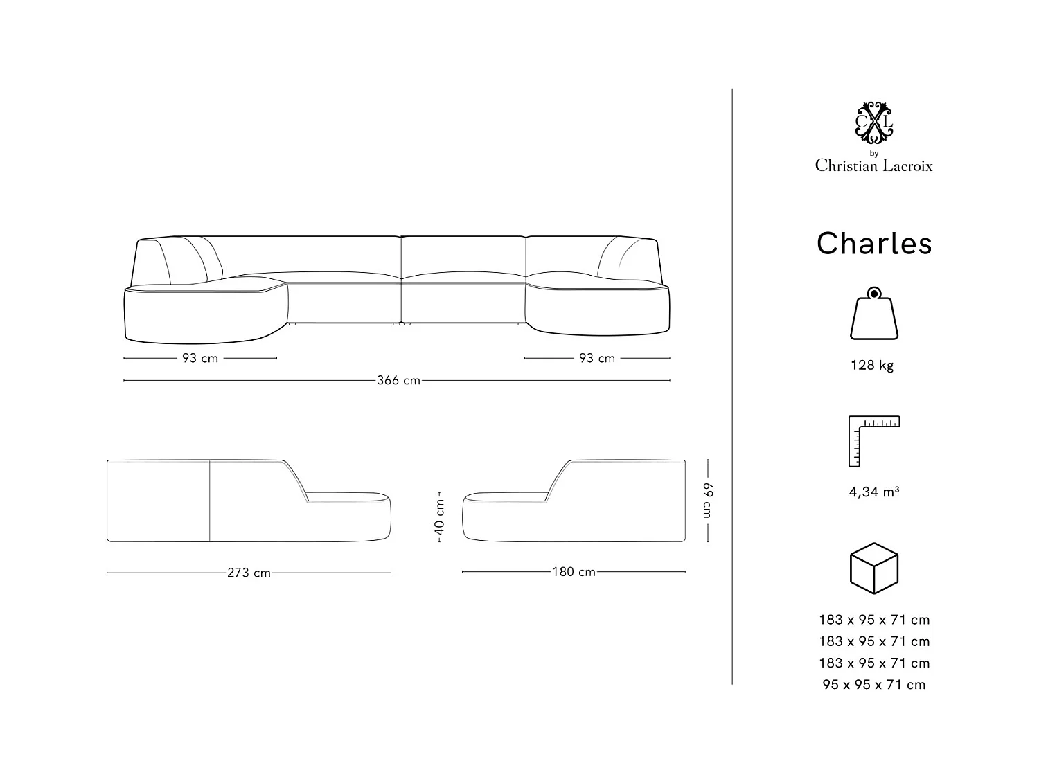 CXL by Christian Lacroix - 7-Sitzer Panoramasofa links "Charles" Sitzer aus Samt schwarz - 366x273x69cm
