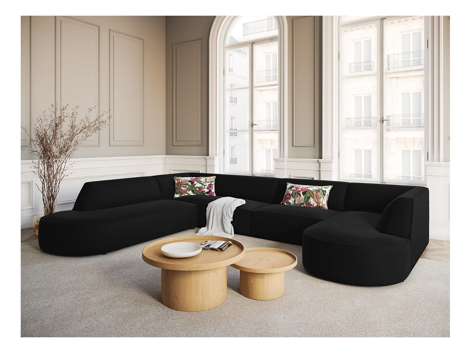 CXL by Christian Lacroix - 7-Sitzer Panoramasofa links "Charles" Sitzer aus Samt schwarz - 366x273x69cm