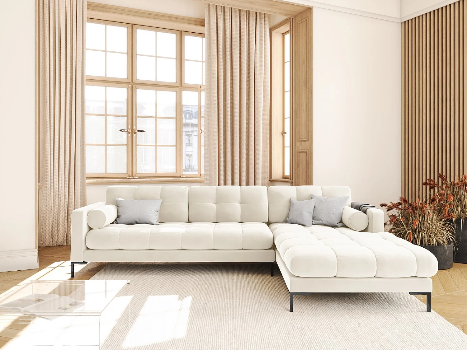 Cosmopolitan Design - Narożnik prawy, "Bali" 5 miejsc welur, beż jasny - 293x185x75cm